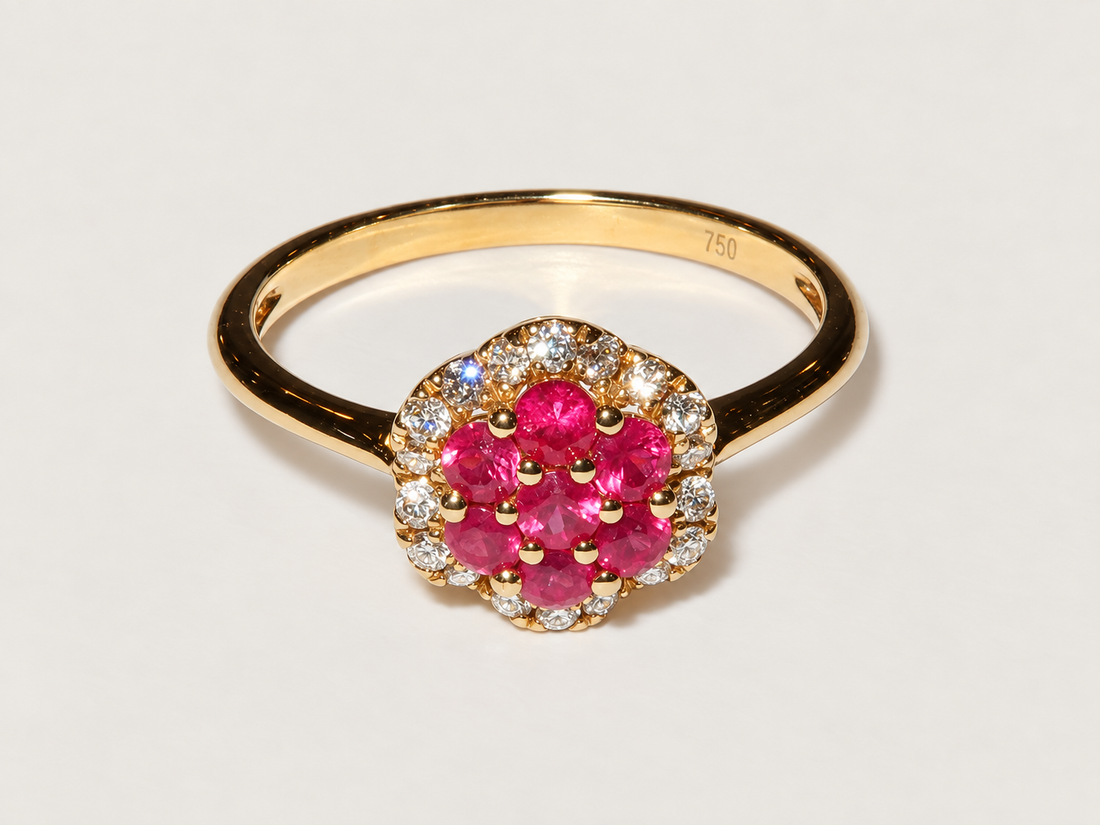 Anel Fleur Rubi em Ouro Amarelo 18k e Diamantes
