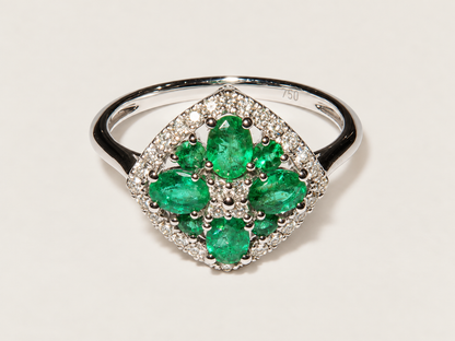 Anel Jardin em Ouro Branco 18k, Esmeraldas e Diamantes