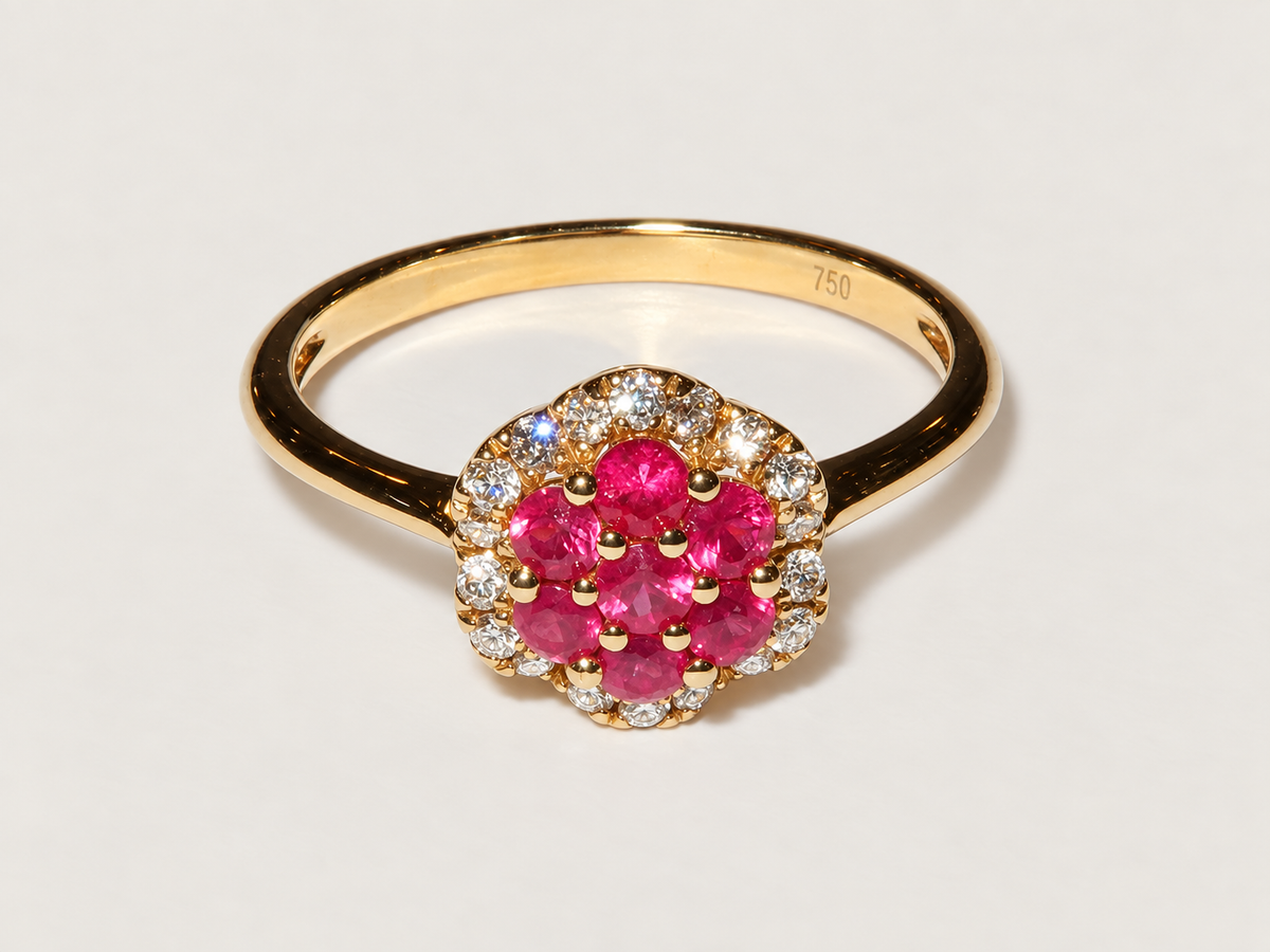 Anel Fleur Rubi em Ouro Amarelo 18k e Diamantes