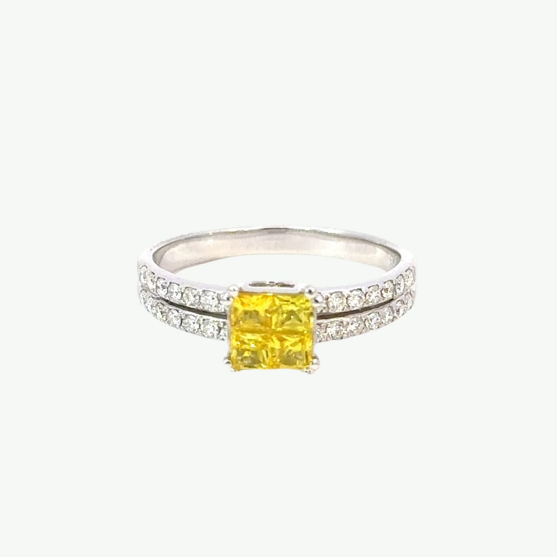 Anel Square Ouro Branco Safiras e Diamantes